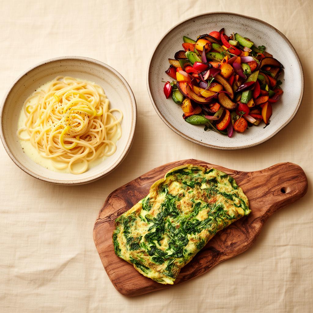 Three plated dishes ready to eat